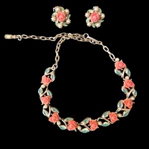 Vintage Celluloid coral rose gold toned necklace & clip earrings